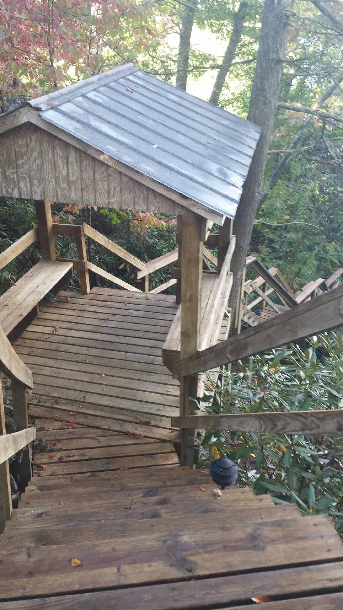 Metal roofed shelter over wooden steps on a wooded walkway — Skylight Repair & Installation work by our crew in High Shoals